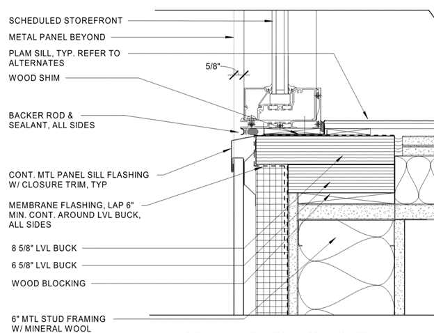 A drawing detail showing a storefront and metal panel system